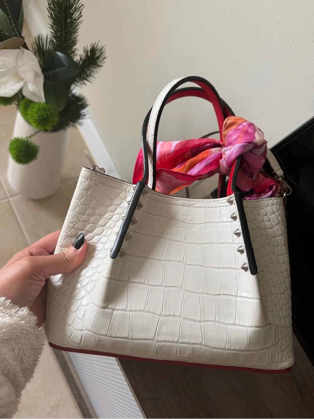 Christian Louboutin White Croc-Embossed Tote with Pink-Orange Scarf